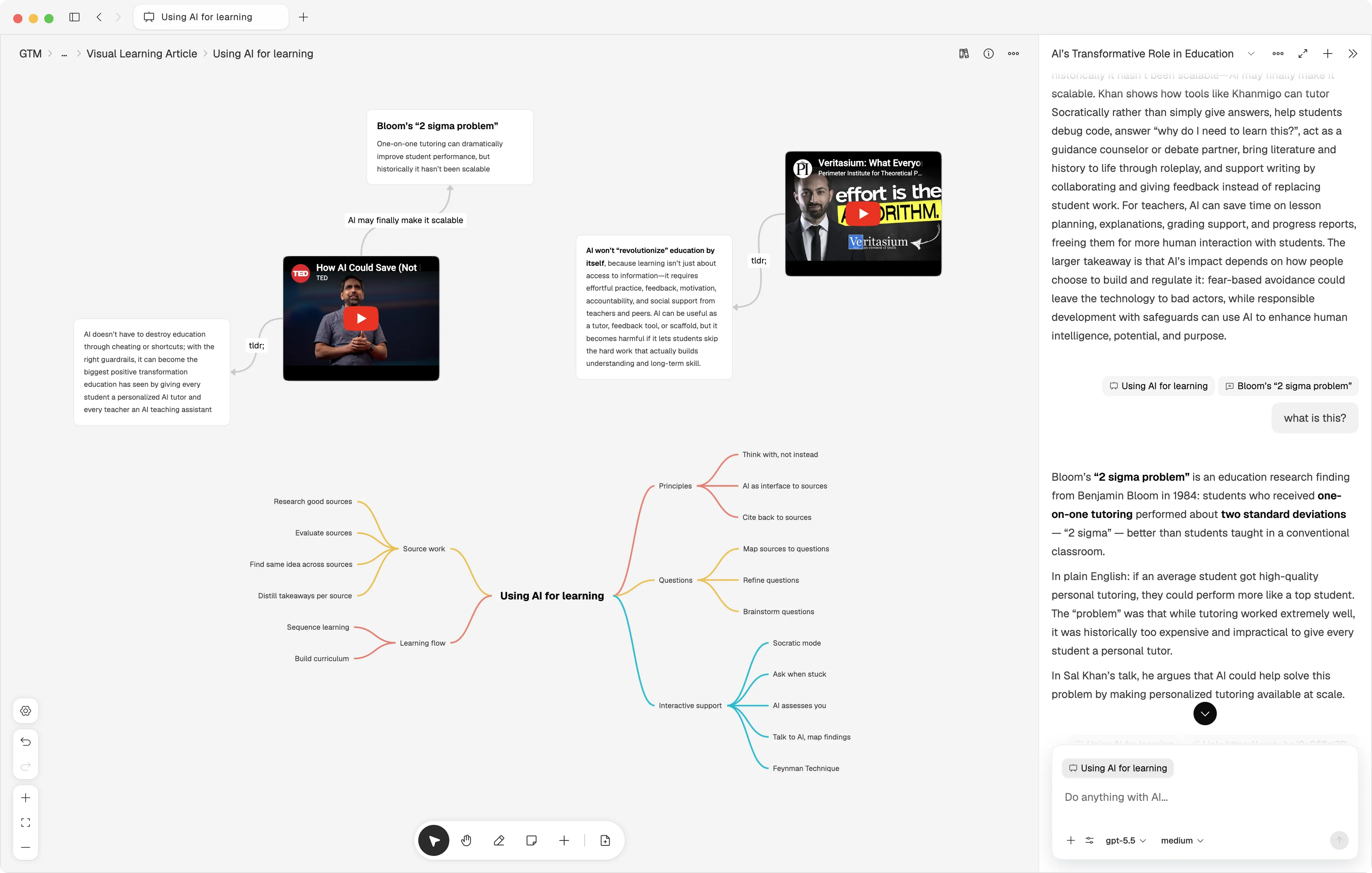 Brainstorming with AI on a visual canvas in Sapience